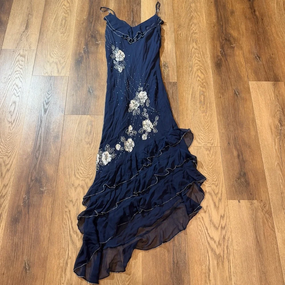 Vintage Y2K 100% Silk Beaded Dress Blue Floral Beaded Fairy Ruffle Prom Dress - Picture 2 of 16